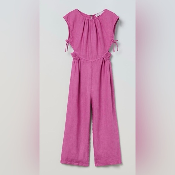 Zara Girls Cut Out Linen Bow Jumper Jumpsuit Boho Pointelle Pink Barbie - Picture 1 of 5